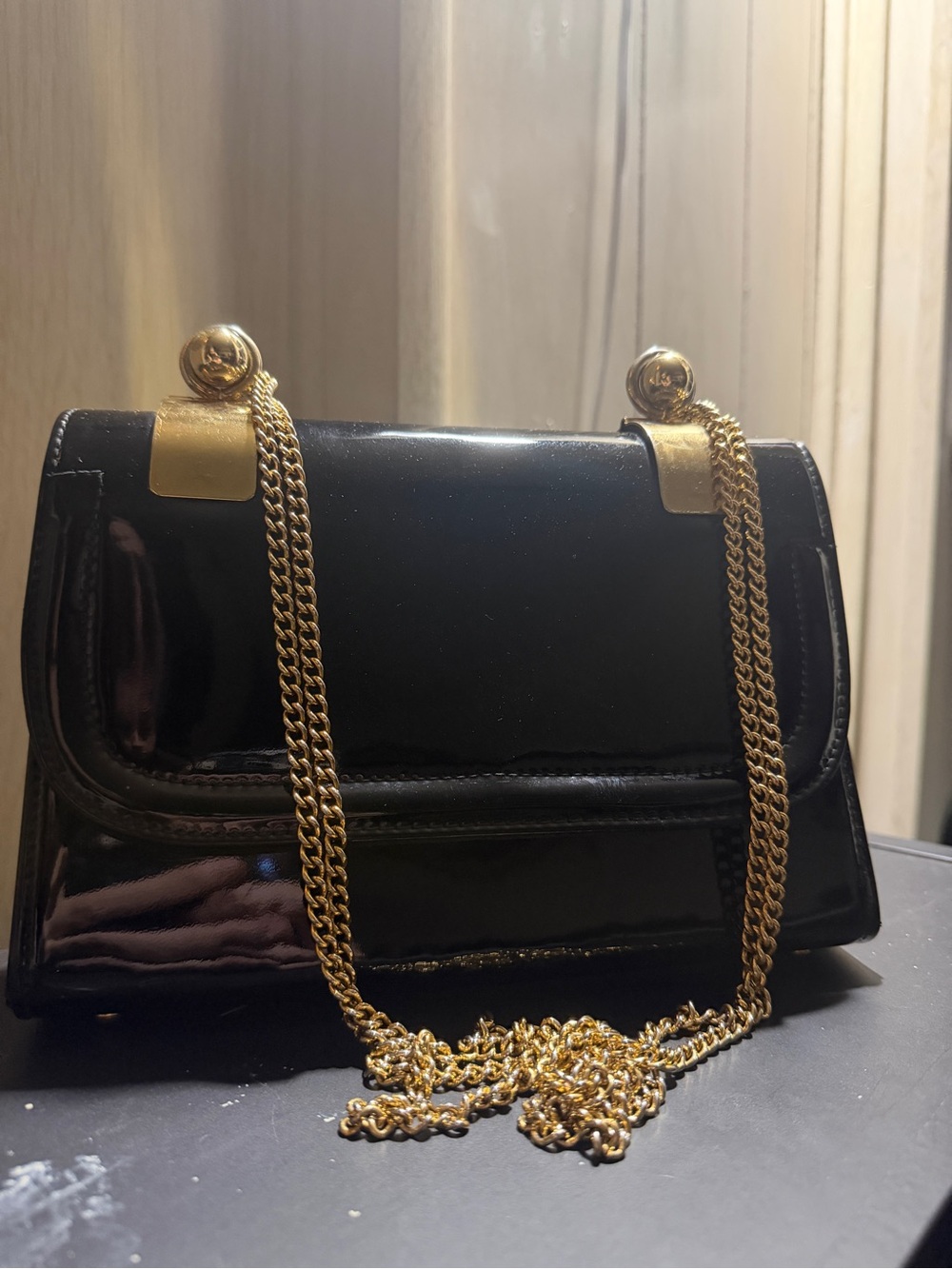 Meyers USA Black Patent Shoulder Bag with Gold Chain Strap • Vintage